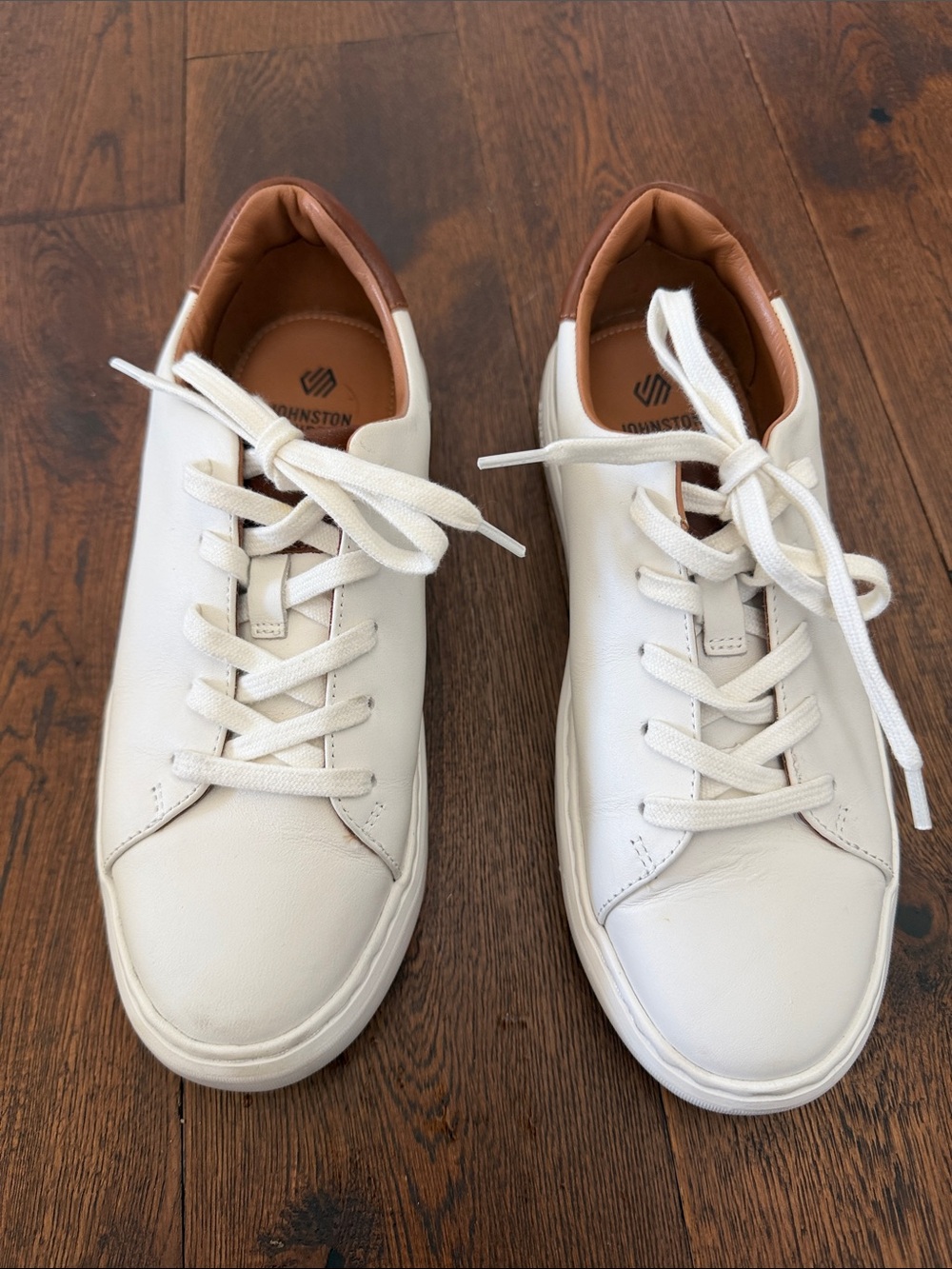 Johnston & Murphy White Leather Sneakers with Brown Collar Accent
